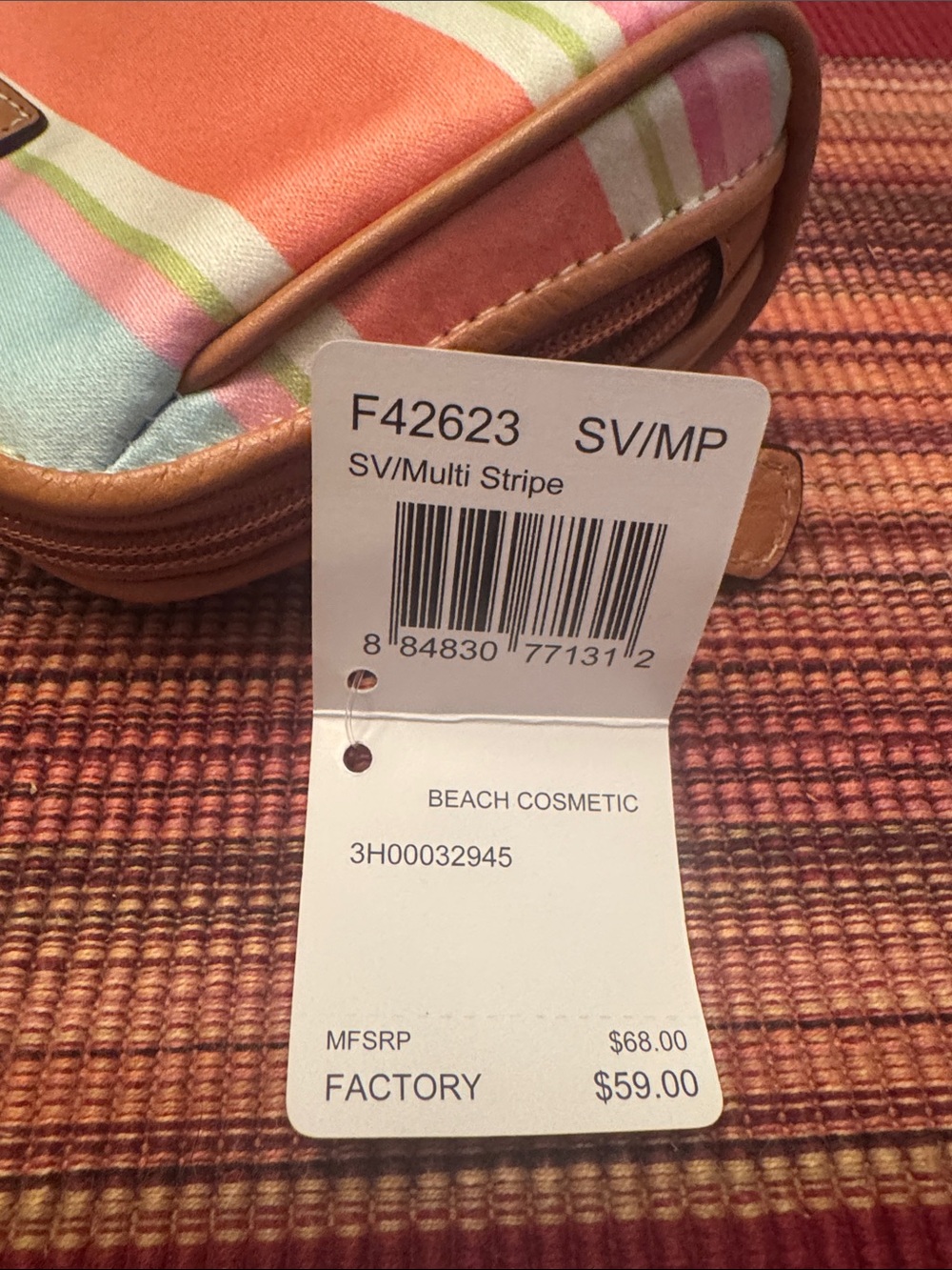 Coach Pastel Striped Cosmetic Pouch in Coral, Light Blue & Pink - Picture 3 of 3